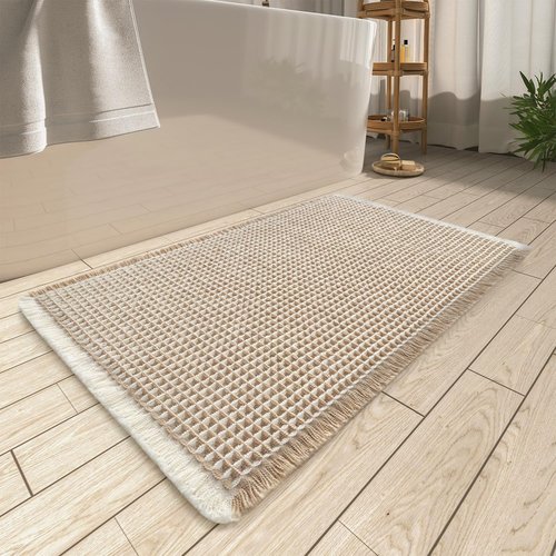 AMOAMI Waffle Bath Mat - Super Absorbent Non-Slip Design | Ultra Soft & Machine Washable, 17" x 24", Brown & Cream