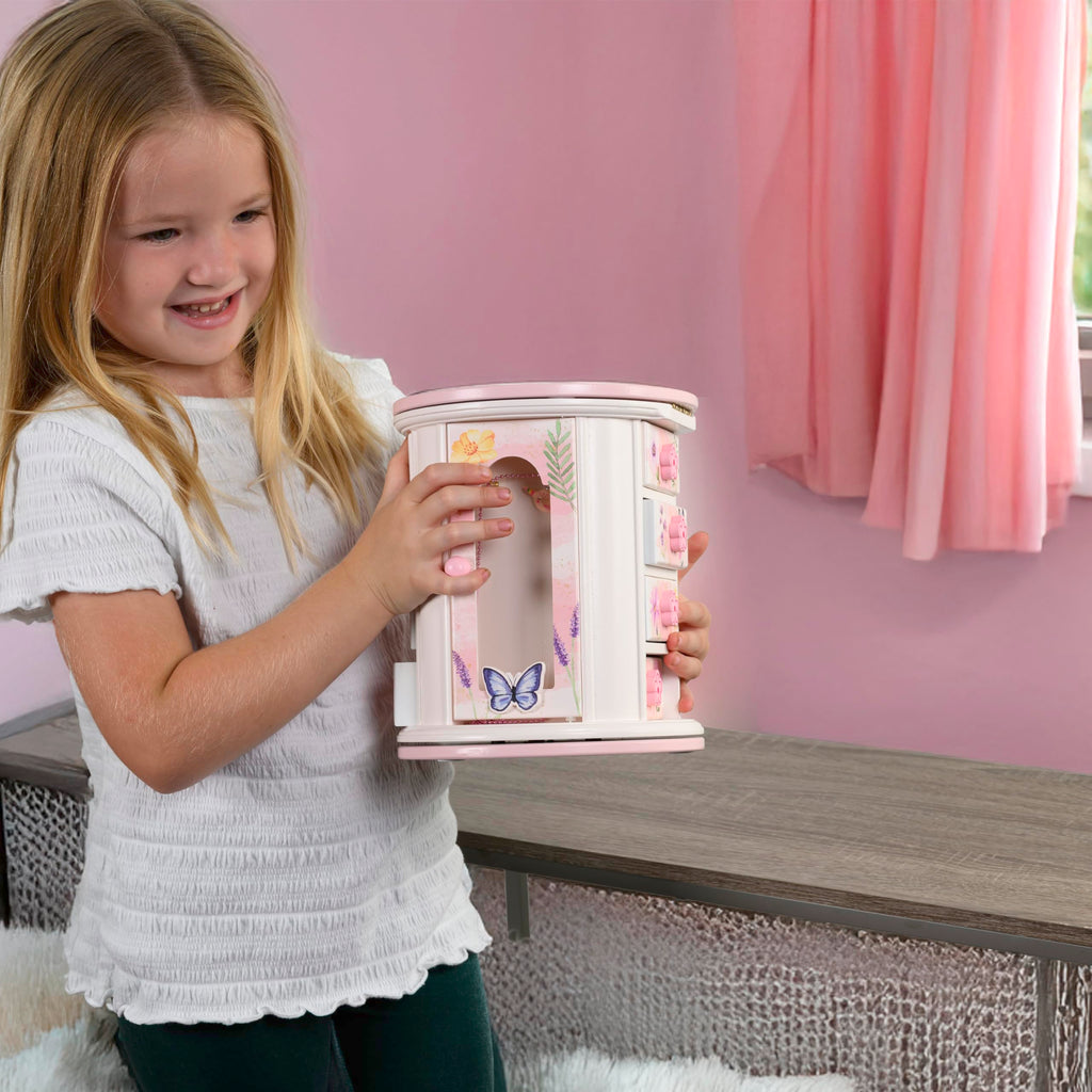 Tiny Gem - Spinning Jewelry Box for Girls Ages 2-18; Little Girl and Toddler Birthday and Christmas Gift; Flower and Butterfly White and Pink Wood Jewelry Box and Organizer; Room Decor for Accessories