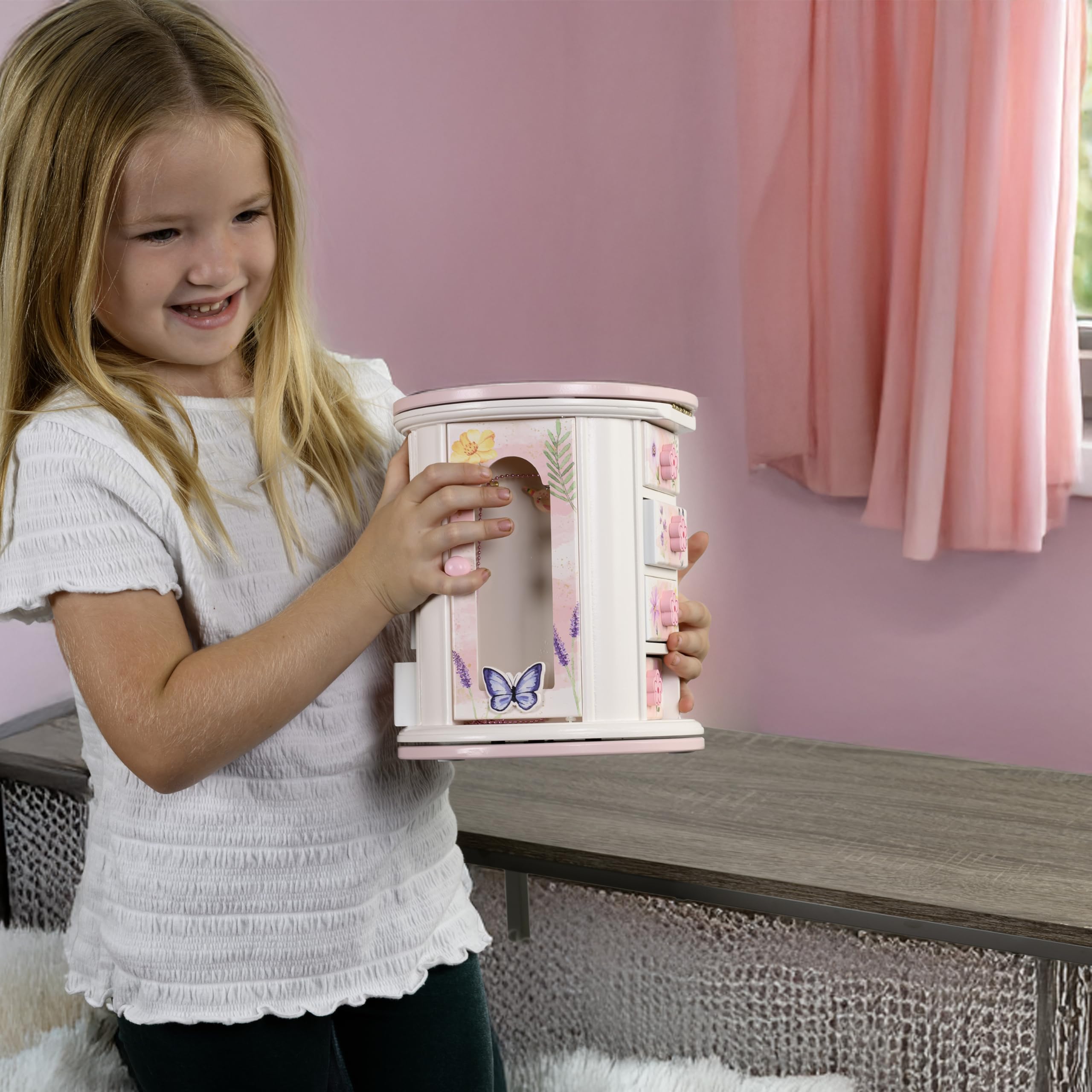 Tiny Gem - Spinning Jewelry Box for Girls Ages 2-18; Little Girl and Toddler Birthday and Christmas Gift; Flower and Butterfly White and Pink Wood Jewelry Box and Organizer; Room Decor for Accessories