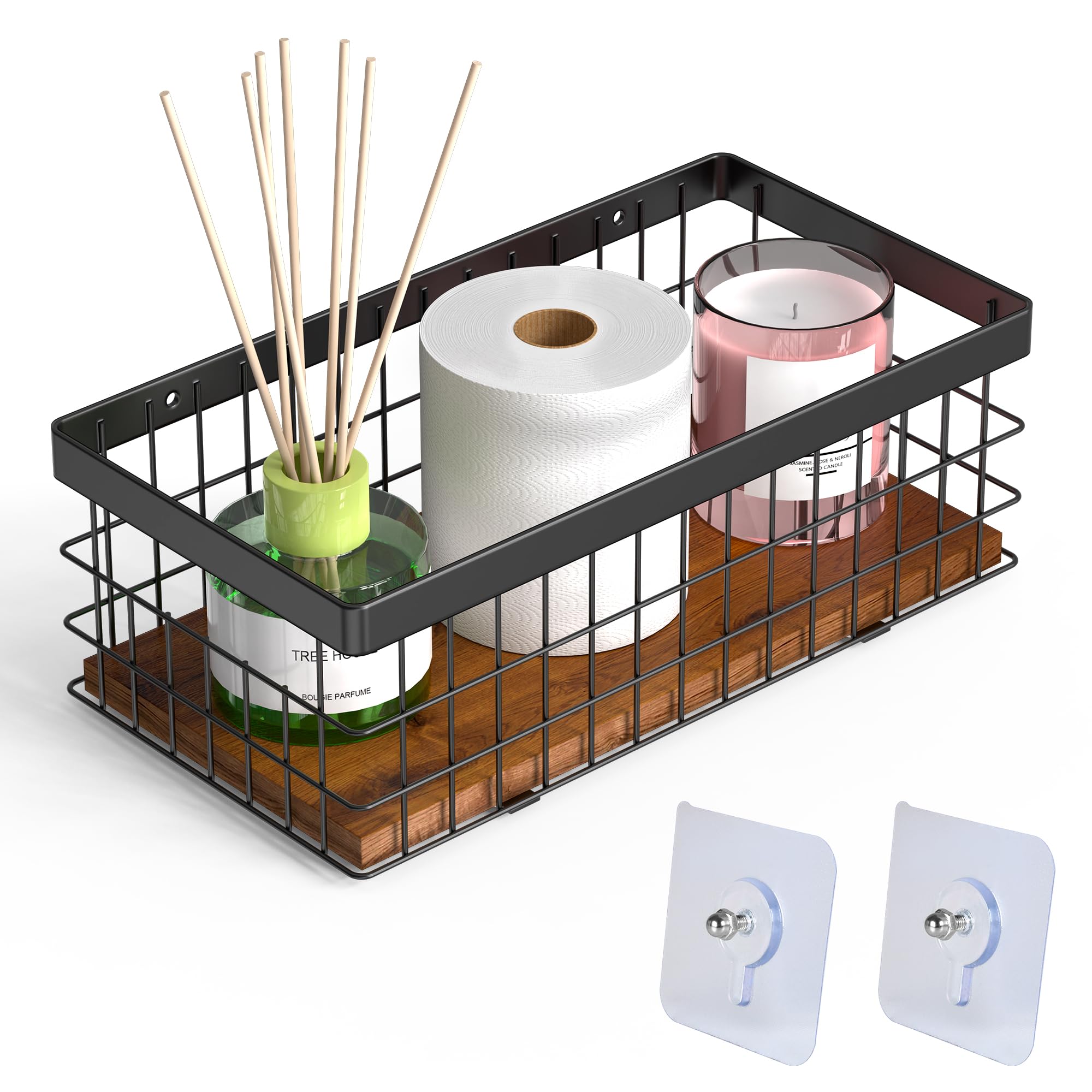Alytree Toilet Paper Basket with Decorative Wood Base, Small Metal Wire Basket for Toilet Paper, Cosmetic & Spices, Wall Mount Storage Basket for Bathroom, Kitchen