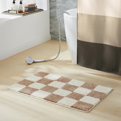 Luxury Microfiber Checkered Bath Mats, Beige and White Checkerboard Bathroom Rug Retro Boho Farmhouse Aesthetic Bath Decor for Bathroom, Tub, Sink, Shower, Anti Slip, Absorbent, Washable, 32x20