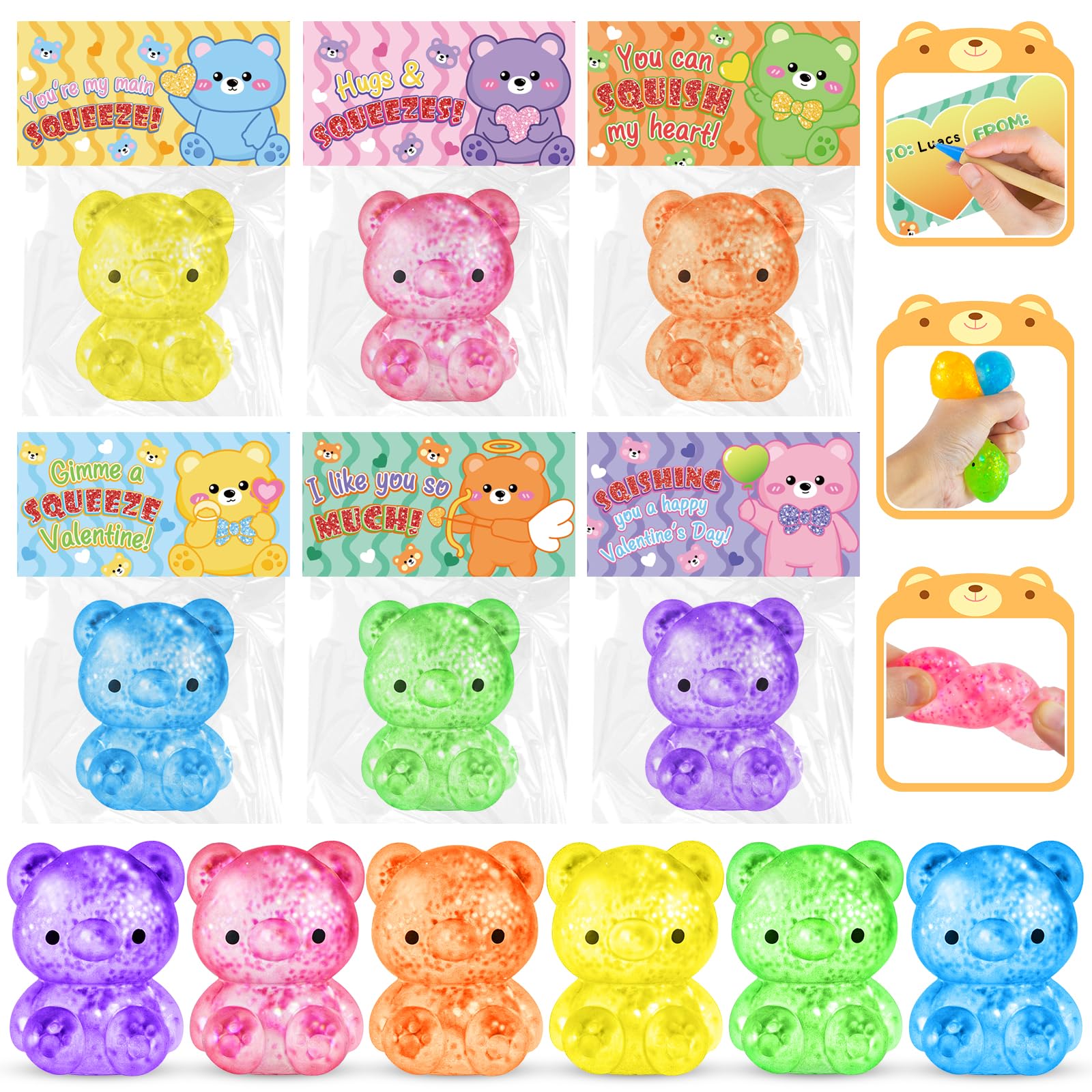 ZIRSENG 24 Pack Valentines Day Bear Toys, Valentines Day Cards for Kids for Classroom Gifts Exchange Prize, Sen Sory Stress Relief Valentine's Party Favors Gift Exchange Rewards