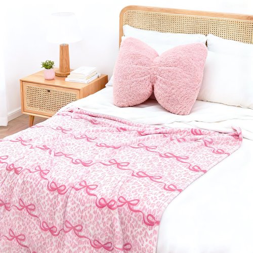 VigorSpring Pink Bow Blanket - 50x60 Inch, Leopard Background Printed, Super Soft Warm Valentine's Day Throw Blanket, Coquette Aesthetic Home Decor, Ideal Gift for Girls Women
