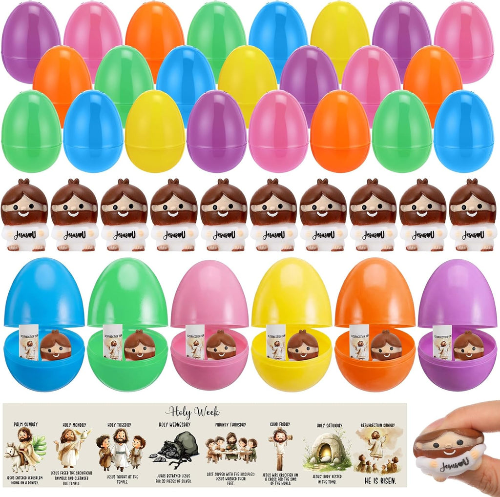 Skylety Easter Gift Set - 25 Prefilled Eggs with Jesus Stress Balls & Holy Week Cards | Perfect for Sunday School Favors