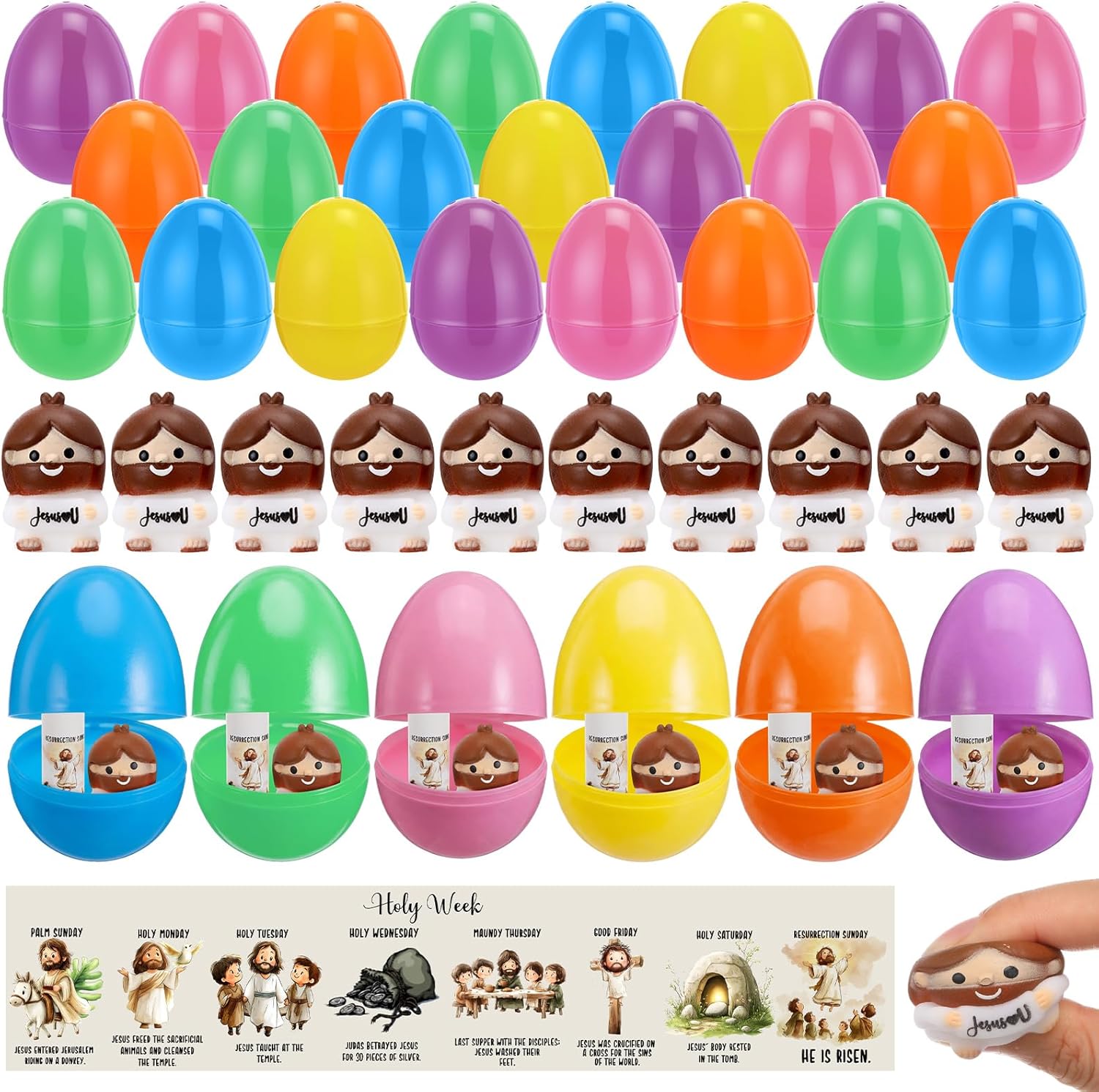Skylety Easter Gift Set - 25 Prefilled Eggs with Jesus Stress Balls & Holy Week Cards | Perfect for Sunday School Favors