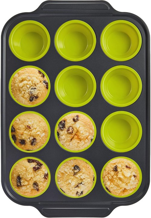 BRONYPRO Silicone Muffin Pans - Nonstick Baking Molds with Metal Frame | 12 Regular Size, Lime Green