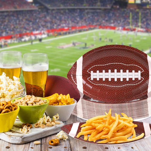 GiftPioneer 50pcs Football Shaped Paper Plates, 9.5 x 5.7 inch Football Paper Food Tray, Disposable Bowls, Nacho Trays for Sports Event, Gameday, Carnivals, Birthday, Party Decor