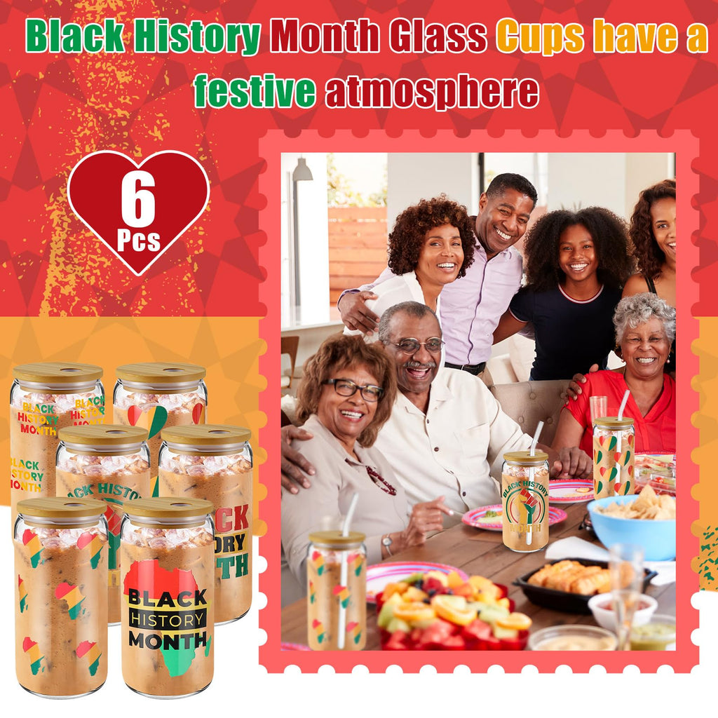 Acellegic 6 Pcs Black History Month Gifts Cups Glass Tumbler with Lids and Straws 16oz African American Bulk Party Favors Reusable Can Shaped Drinking Glasses for Juneteenth Party Supplies