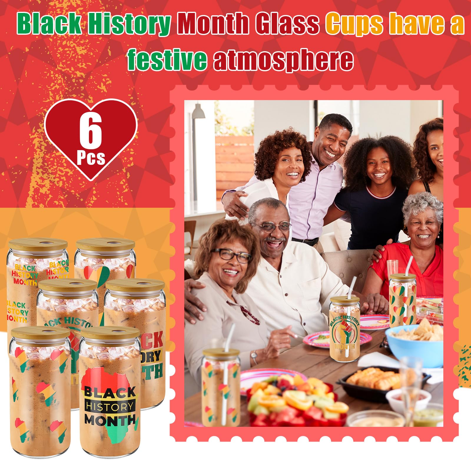 Acellegic 6 Pcs Black History Month Gifts Cups Glass Tumbler with Lids and Straws 16oz African American Bulk Party Favors Reusable Can Shaped Drinking Glasses for Juneteenth Party Supplies
