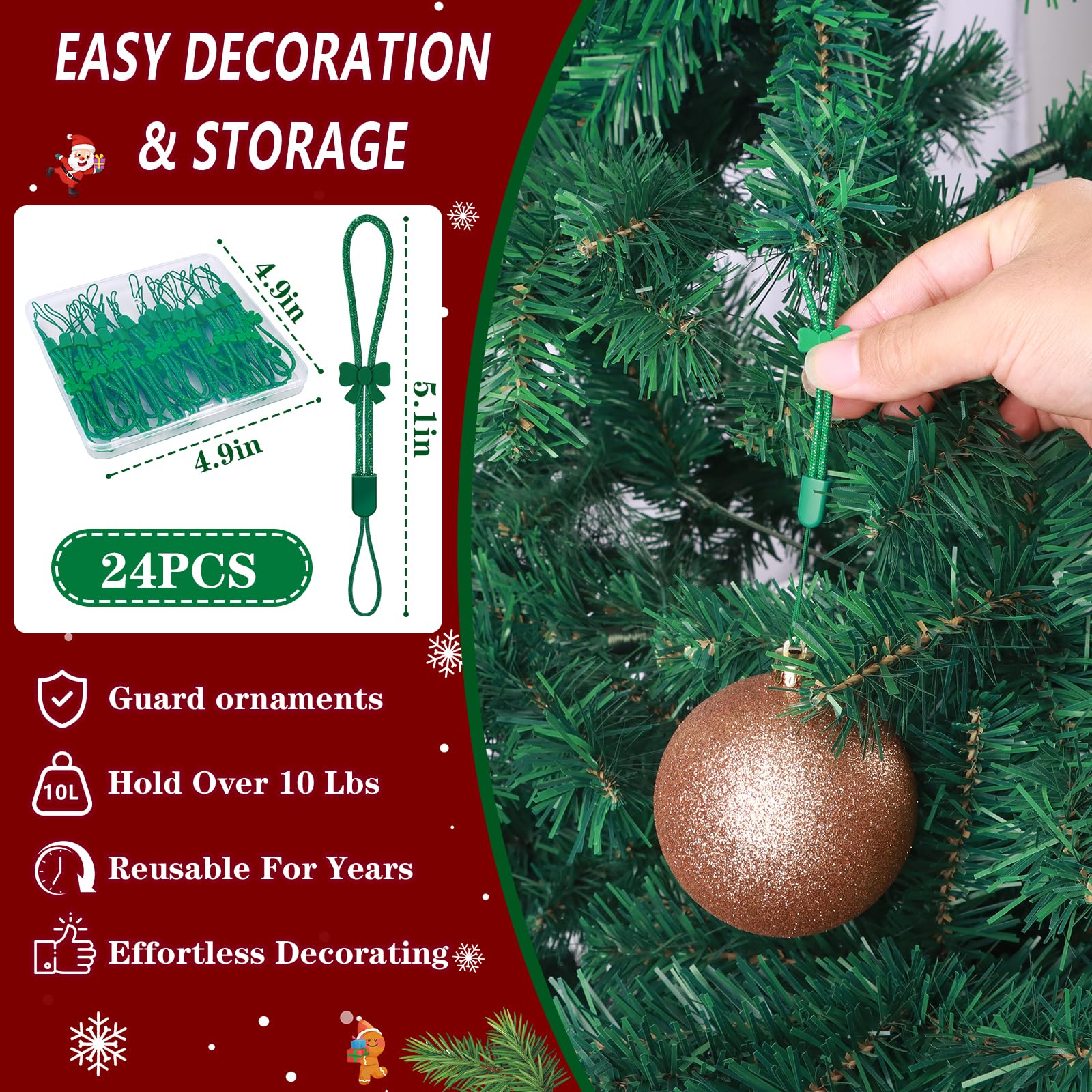 36 Pcs Adjustable Christmas Ornament Hooks, No-Slip Cat Child Proof Ornament Hangers String for Hanging Christmas Tree Decorations, Strong Accessorie for Small & Large Ornaments(Shiny Green)