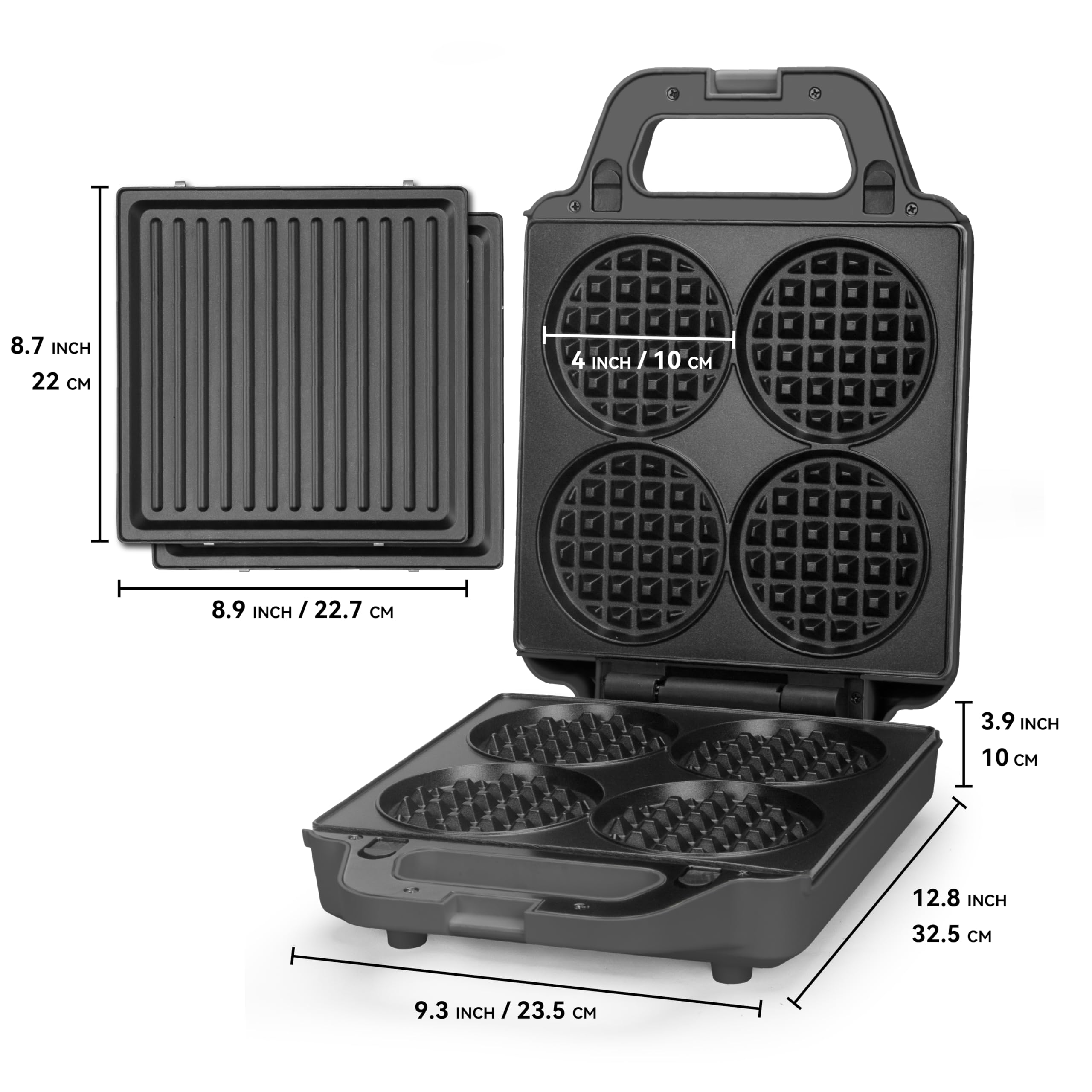 SugarWhisk 2 in 1 Mini Waffle Maker with Removable Plates, Panini Press Sandwich Maker, Sandwich Press, Waflera Electrica, Sandwichera Electrica, 4 X 4 Inch Classic Waffle Maker for Kids, Graphite