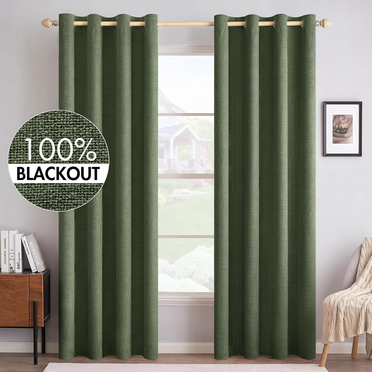 MIULEE 100% Blackout Linen Textured Curtains - Thermal Insulated Olive Green Drapes | 52 x 84 Inch (2 Panels)