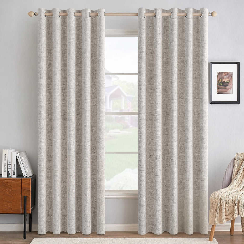 MIULEE 100% Blackout Linen Textured Curtains - Thermal Insulated Ivory Grommet Drapes | 62 x 96 Inch (2 Panels)