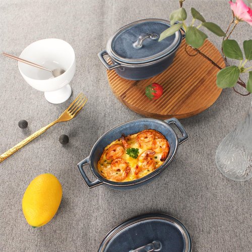 Ceramic Mini Oval Cocotte Set - 10 Ounce Casserole Dishes with Lids | Set of 2, Blue, Oven & Microwave Safe