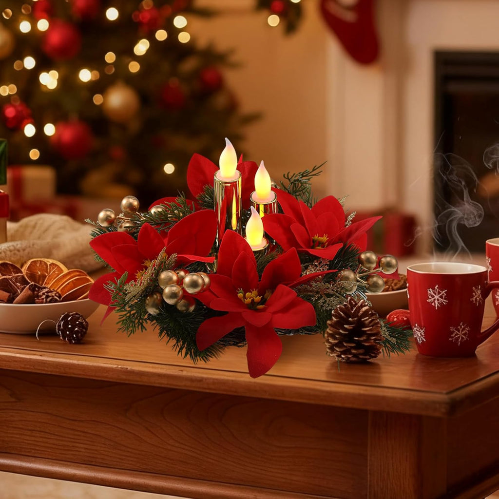 Tuanse Christmas Poinsettia Centerpieces - Flameless Candle Holders with LED Candles | Red & Gold Decor
