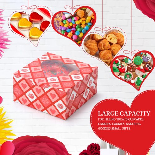 FUQUUON 30 Pack Valentine’s Day Bakery Cookie Boxes, 6" x 6" x 3" Valentines Treat Boxes with Heart Window, Candy Box for Holiday Pastries, Brownies, Chocolates, Cupcakes, Truffles Gift Giving