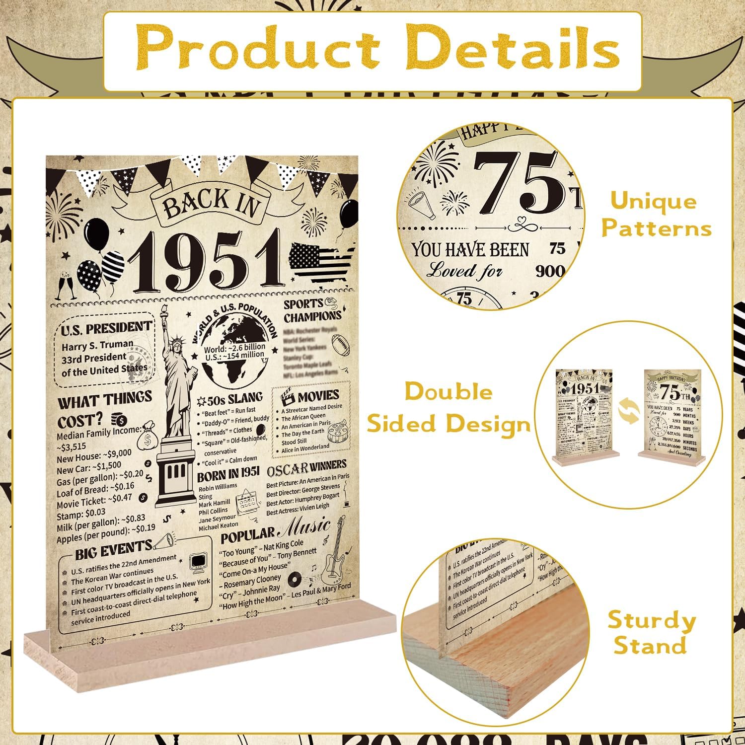 Yoyuspy 75th Birthday Decorations - Vintage Double-Sided Acrylic Poster Sign with Stand | Perfect for 1951 Theme Party