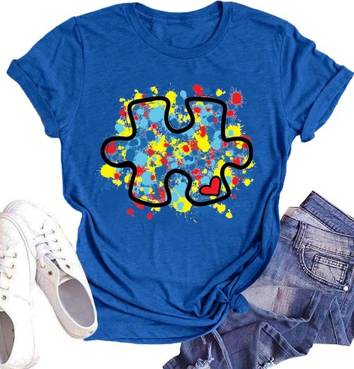 LAZYCHILD Autism Awareness Shirt - Women's Blue Puzzle Piece Tee for Support & Advocacy