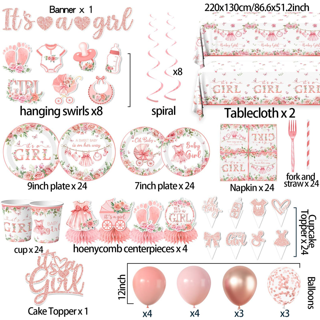Its a Girl Baby Shower Decorations, Pink Floral Baby Shower Decorations for Girl Include Plates,Napkins,Banner,Balloons,Tablecloth,Cups,Hanging Swirl,Cake Topper,Honeycomb for Baby Girl Party Decor