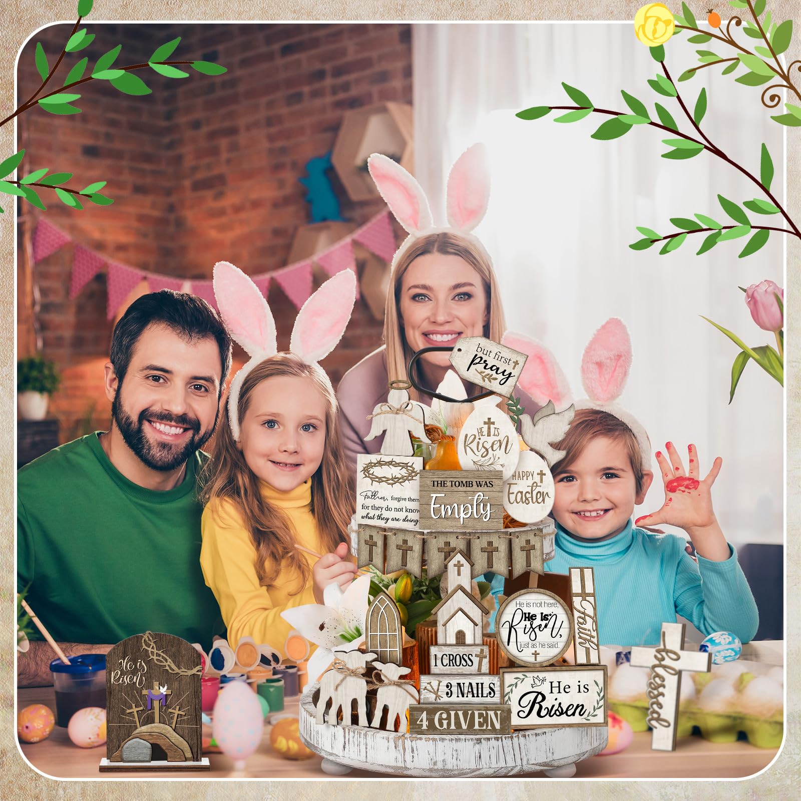 Yuntau 24 Pcs Easter Tiered Tray Decor Religious Easter Decorations He is Risen Cross Tray Decoration Sets Christian Cross Table Wooden Sign Farmhouse Table Decor for Home Kitchen Office Holiday