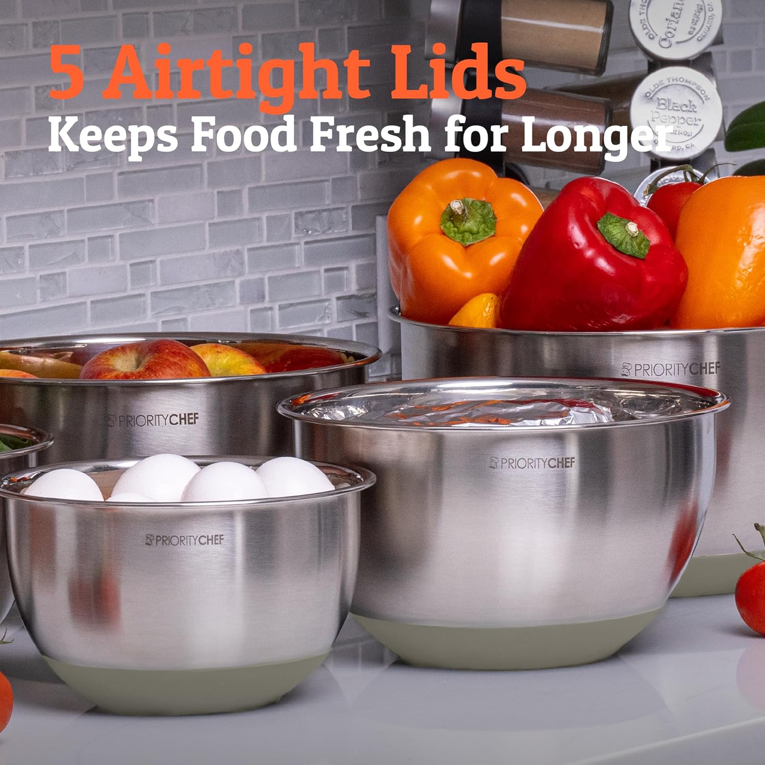 Priority Chef Premium Mixing Bowls Set - Airtight Lids, Non-Slip Base | 5 Nesting Stainless Steel Bowls (1.5-5 Qt) in Khaki