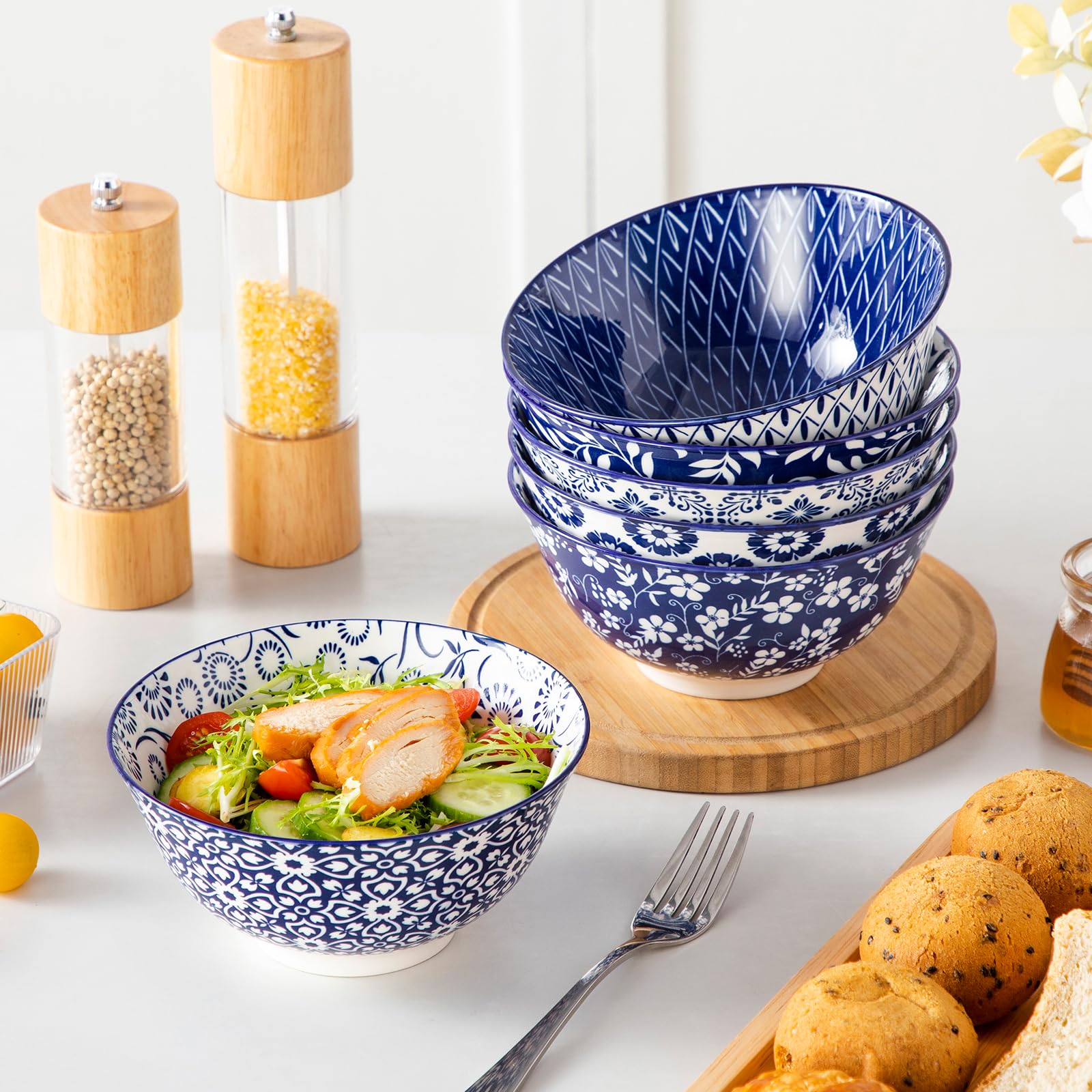 vancasso SELENE 24 oz Cereal Bowls set of 6, Ceramic Soup Bowls for Kitchen, Dishwasher & Microwave Oven Safe- for Cereal, Soup, Pasta, Salad, Blue & White Floral Design Bowl Set