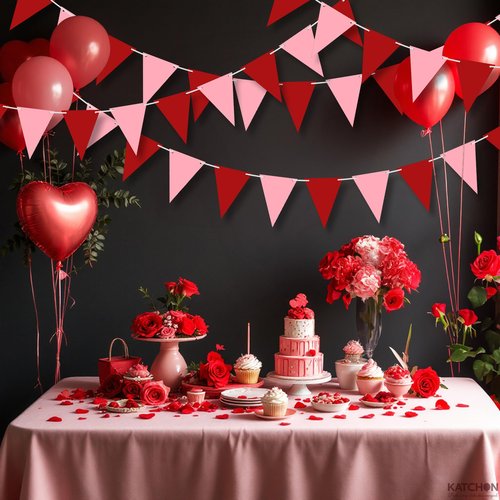 KatchOn, Pink and Red Pennant Banner - 60Feet, 12 Pcs, Pre-strung, Pennant Flag for Valentines Day Decorations, Anniversary, Baby Shower | Red and Pink Classroom Decor | Galentines Day Decorations