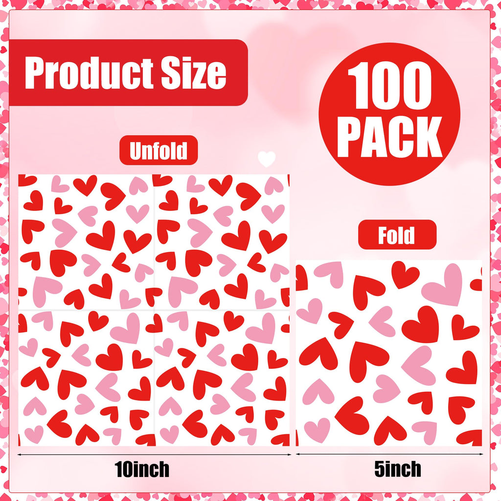 100 PCS Valentines Day Cocktail Napkins 5'' x 5'' Love Heart Disposable Paper Napkins 3 Ply Red Pink Heart Beverage Napkin for Valentines Wedding Anniversary Birthday Party Supplies Dinner Table Decor