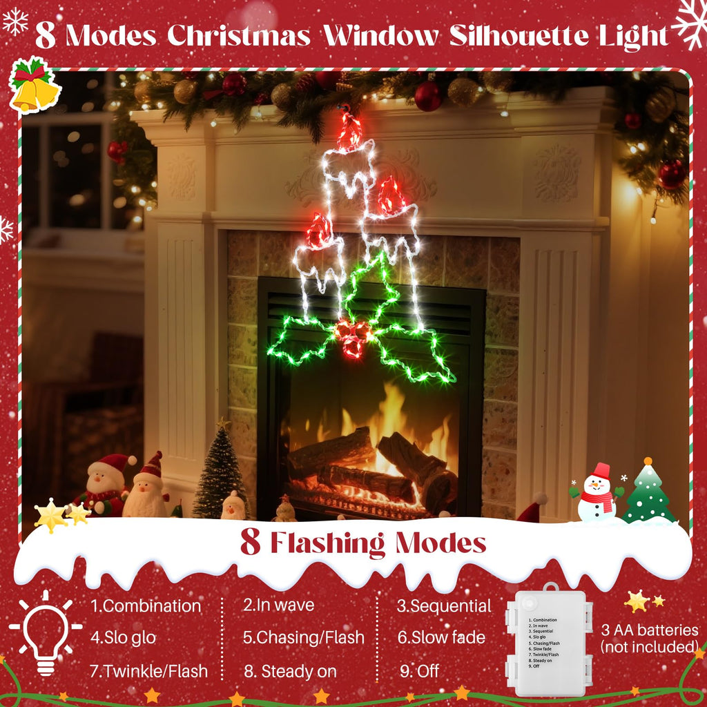 Enhon 15.8" Christmas Window Silhouette Light, Battery Operated Lighted Candles with Holly and Berry, 8 Modes Christmas Silhouette Light with Timer, for Xmas Holiday Indoor Outdoor Decor(1 Pack)