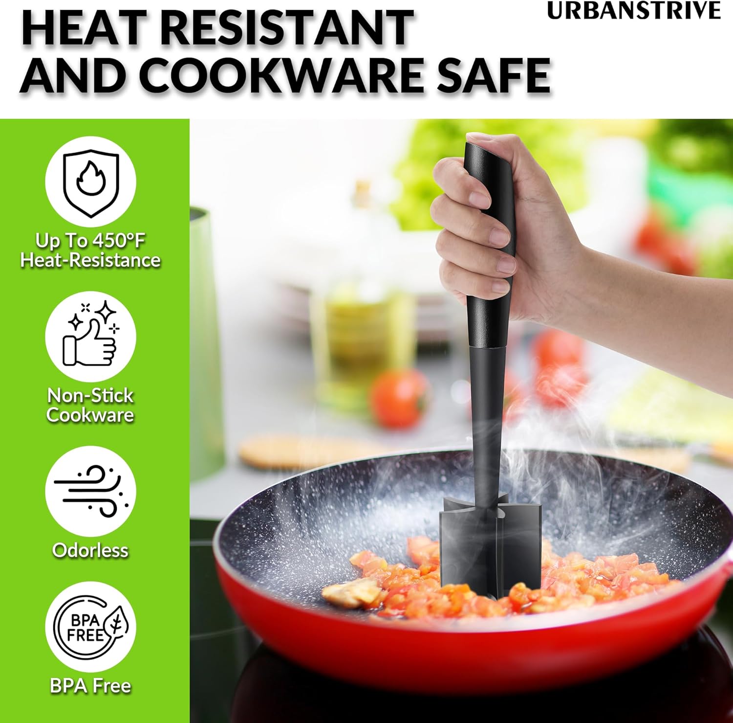 Urbanstrive Heavy Duty Meat Chopper - Durable Non-Scratch Hamburger Smasher | Black Ground Beef Masher