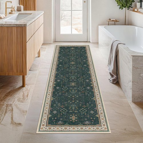 Hazo Haus Vintage 2x7 Washable Runner Rug - Non-Slip, Stain-Resistant, Dark Green Floral Design