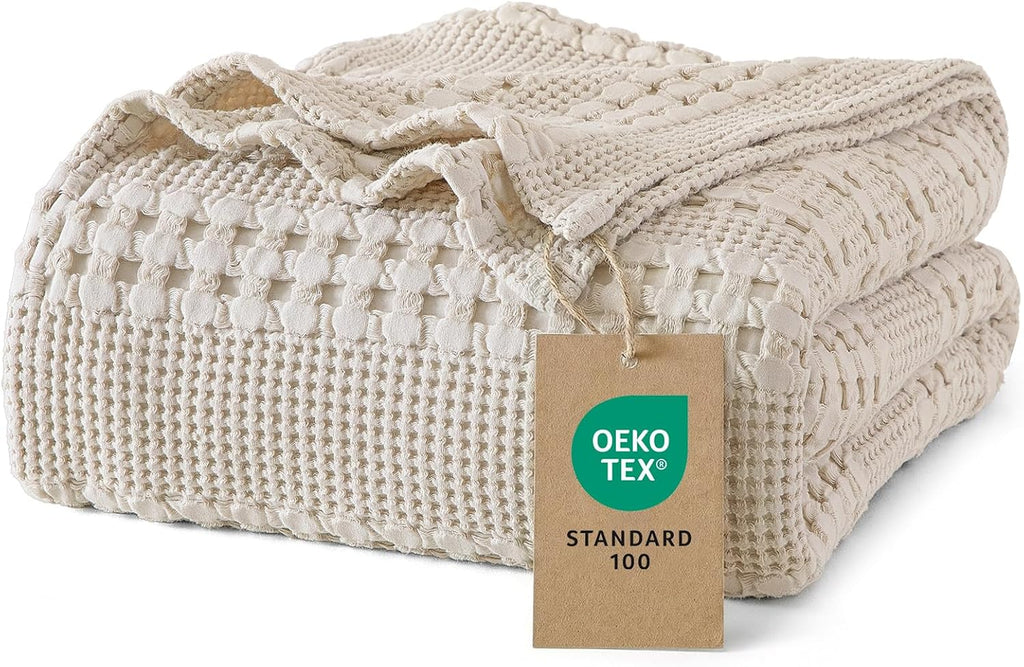 PHF 100% Cotton Waffle Weave Blanket - Soft, Lightweight & Breathable Queen Size | Luxury Home Decor, 90"x90", Light Taupe/Oatmeal