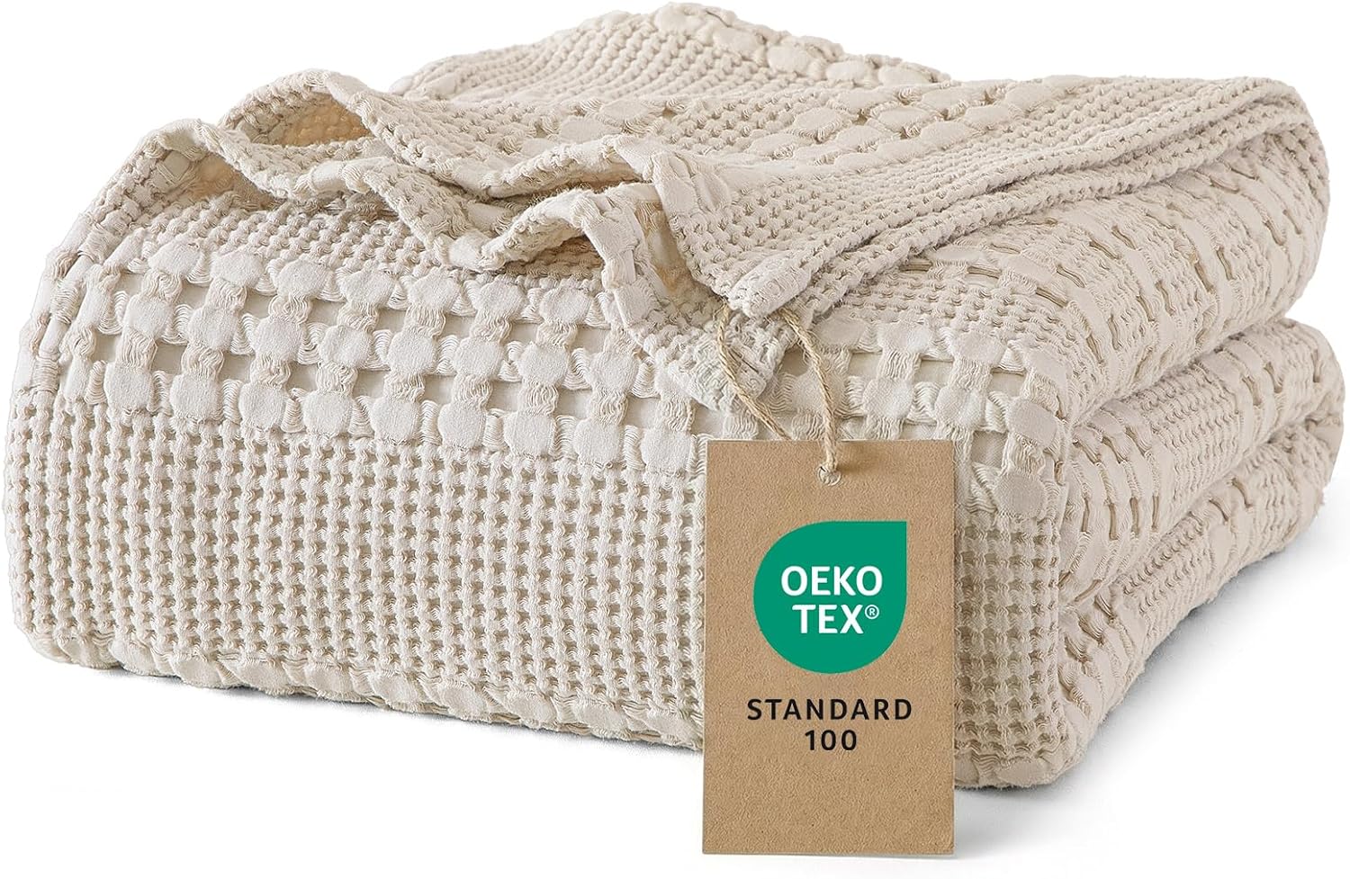 PHF 100% Cotton Waffle Weave Blanket - Soft, Lightweight & Breathable Queen Size | Luxury Home Decor, 90"x90", Light Taupe/Oatmeal