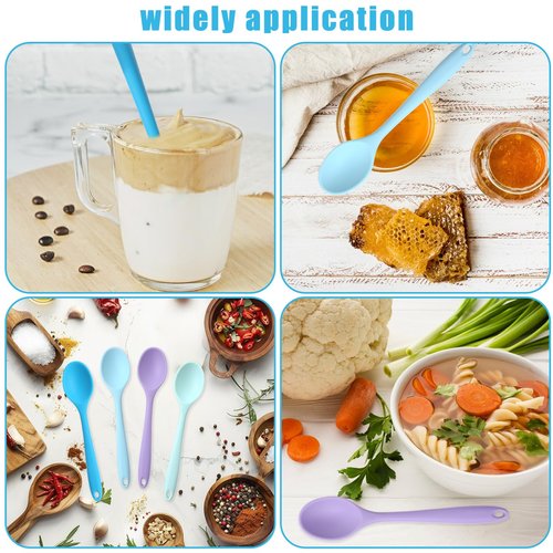 4 Pieces Small Silicone Spoons Multicolored Nonstick Kitchen Spoons Silicone Mixing Spoon for Cooking Heat Resistant Tea Spoon for Kitchen Cooking Baking Serving (Blue Light Blue Purple Cyan)
