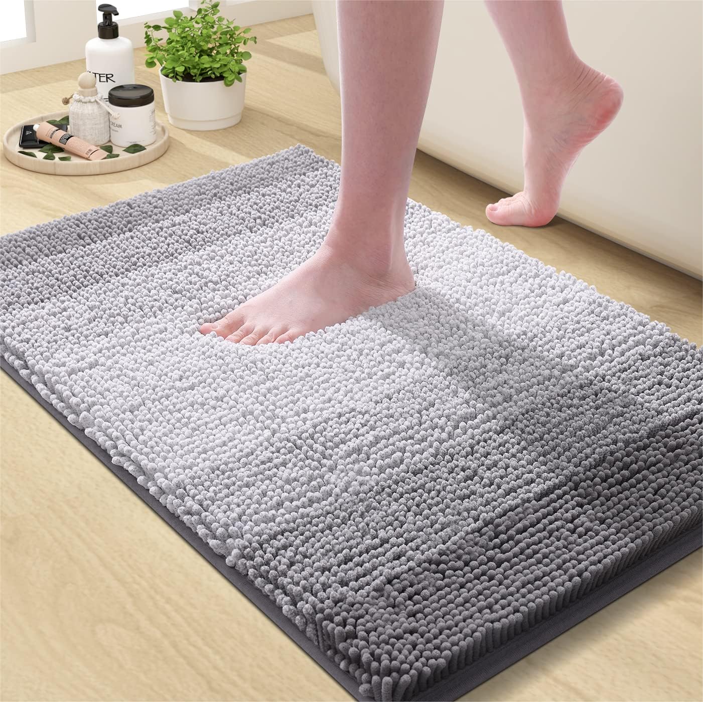 OLANLY Bathroom Rug - Extra Soft Chenille Shaggy Mat | Non-Slip, Machine Washable, 24 x 16 Inch, Grey