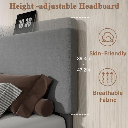 VECELO Twin Bed Frame with Type-C & USB Ports, Upholstered Platform Height-Adjustable Cotton and Linen Headboard,No Box Spring Needed, Noise-Free, Easy Assembly, Dark Grey