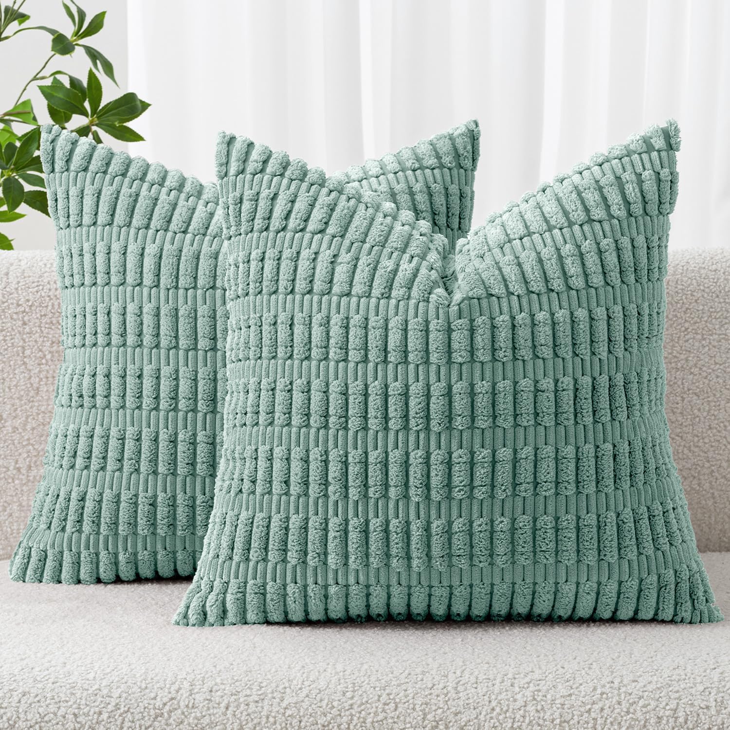 MIULEE Corduroy Throw Pillow Covers - Soft Boho Striped Design | 16x16 Inch Teal Green for Modern Home Decor