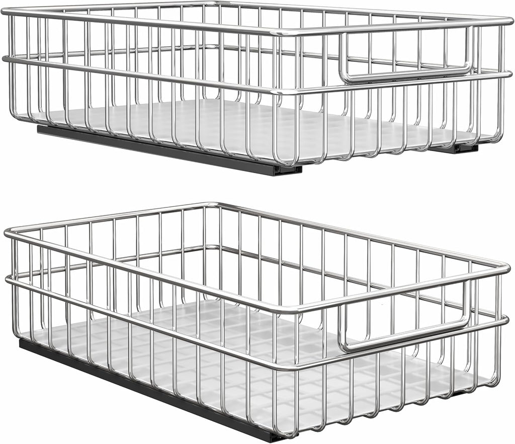 Pull Out Cabinet Organizer by Regine Switzerland - Stainless Steel 2-Pack Drawer with Silent Slides | Ideal for Kitchen, Pantry & Bathroom