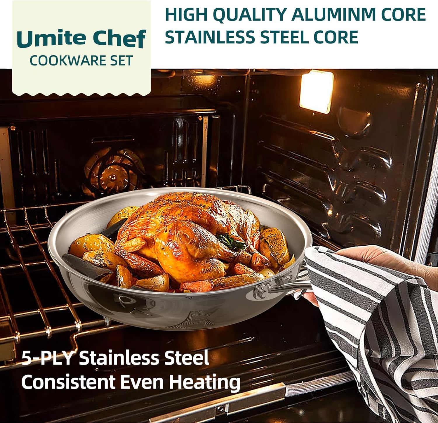Umite Chef Stainless Steel Cookware Set - 14 Piece Induction-Ready, Heavy-Duty & Oven Safe | Professional Quality, PFOA-Free