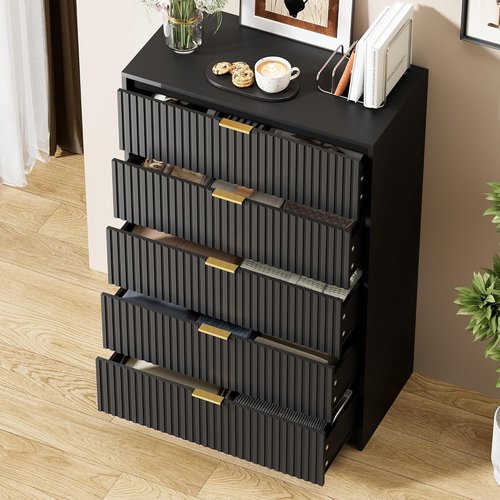 Furniway Black Dresser - Modern 5-Drawer Chest with Smooth Slides & Golden Handles | 15.7" D x 31.5" W x 47.2" H