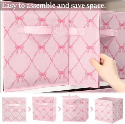 Geelin 6 Pcs Light Pink Bow Storage Bins - 11 Inch Collapsible Fabric Organizer for Home & Office