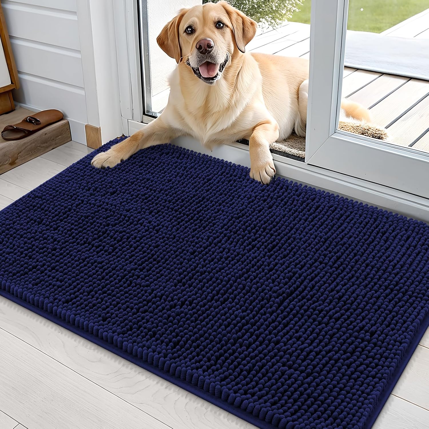 OLANLY Dog Door Mat - Absorbent Non-Slip Chenille Mat for Muddy Paws | 36x24 Navy Blue, Quick Dry