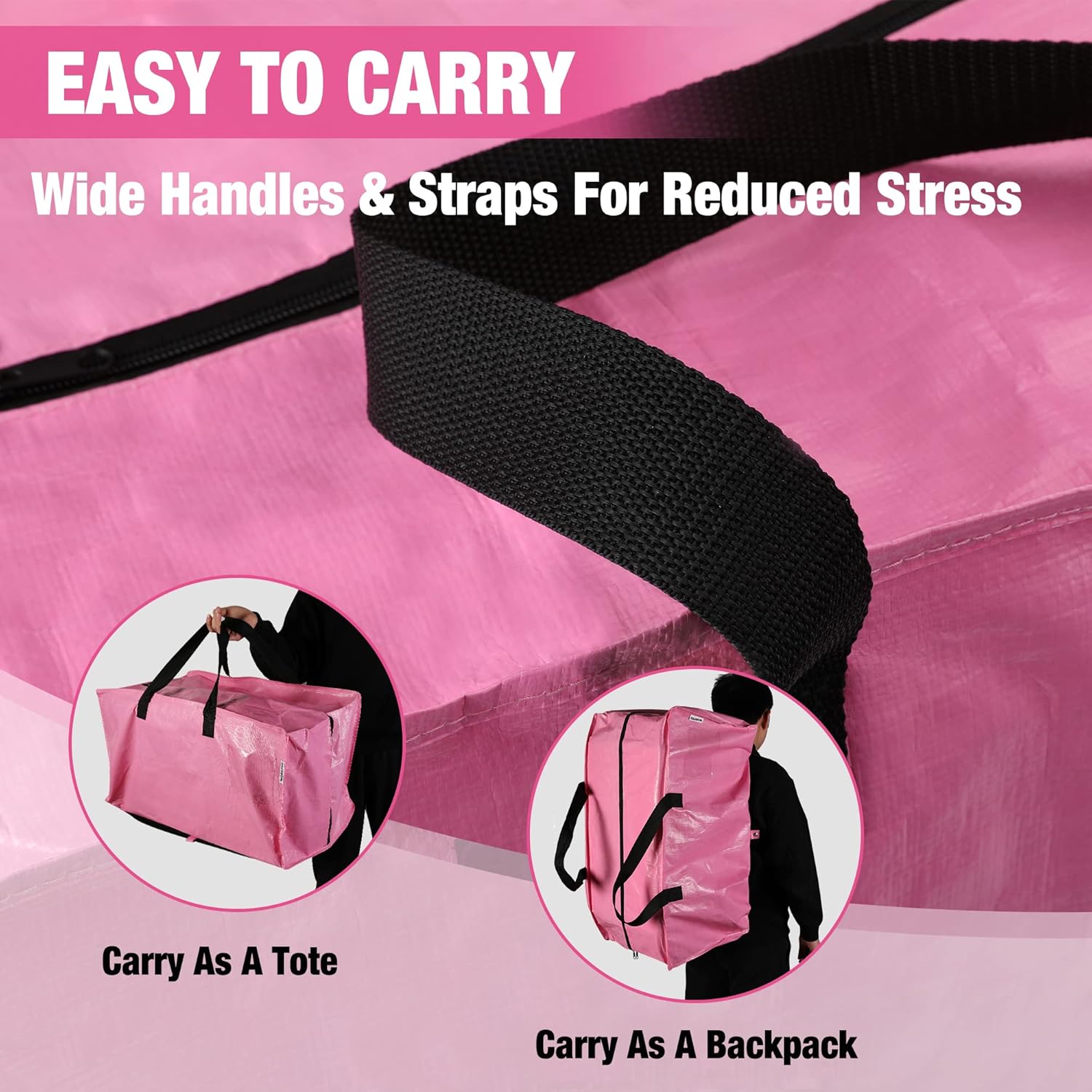 WORKPRO Extra Large Moving Bags - Heavy-Duty Storage Totes with Zippers & Backpack Straps | 6 Pack (Pink)