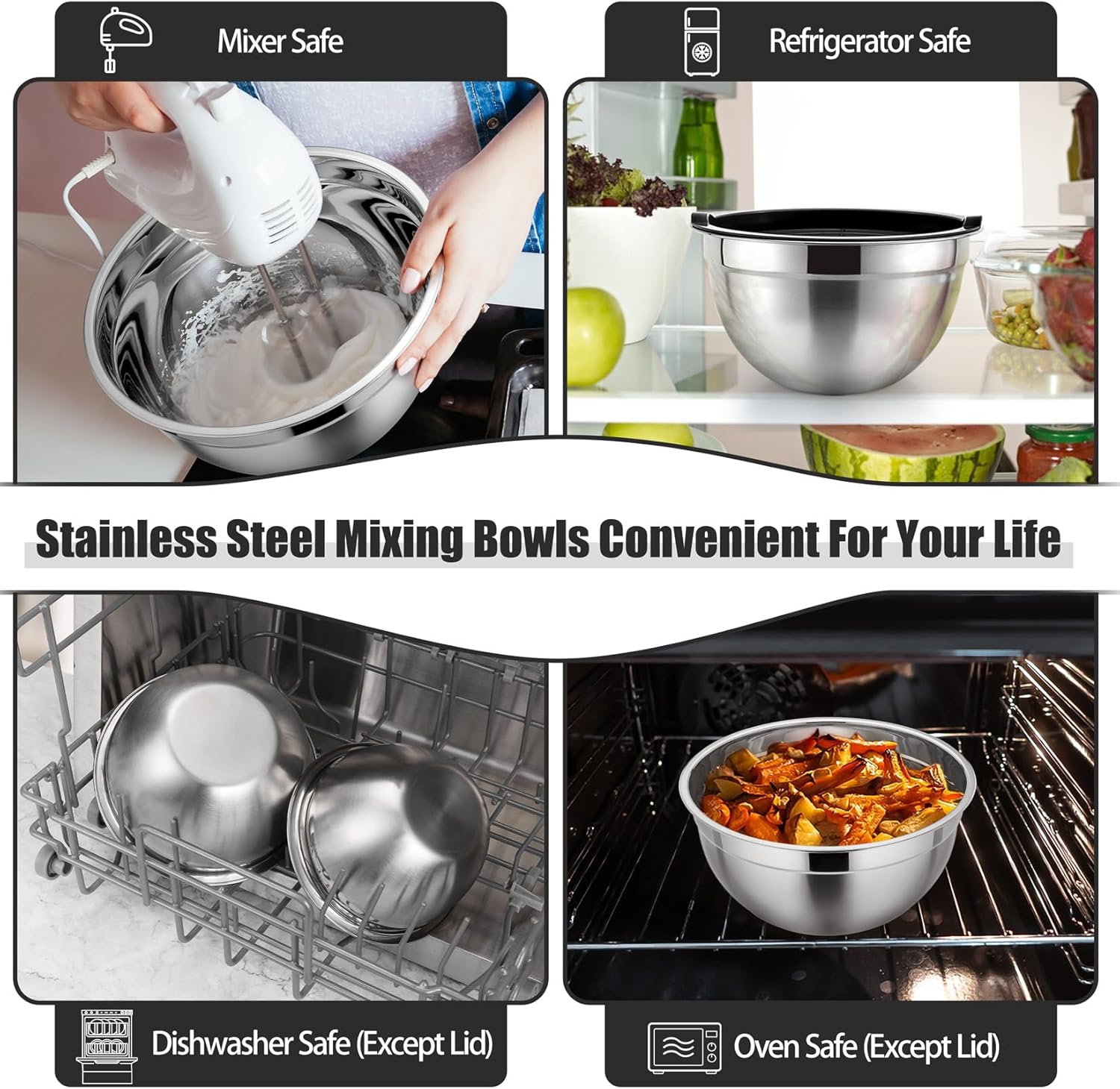 P&P CHEF Mixing Bowls Set - 3 Stainless Steel Bowls with Lids | Airtight & Stackable, 4.6/3/1.5 QT