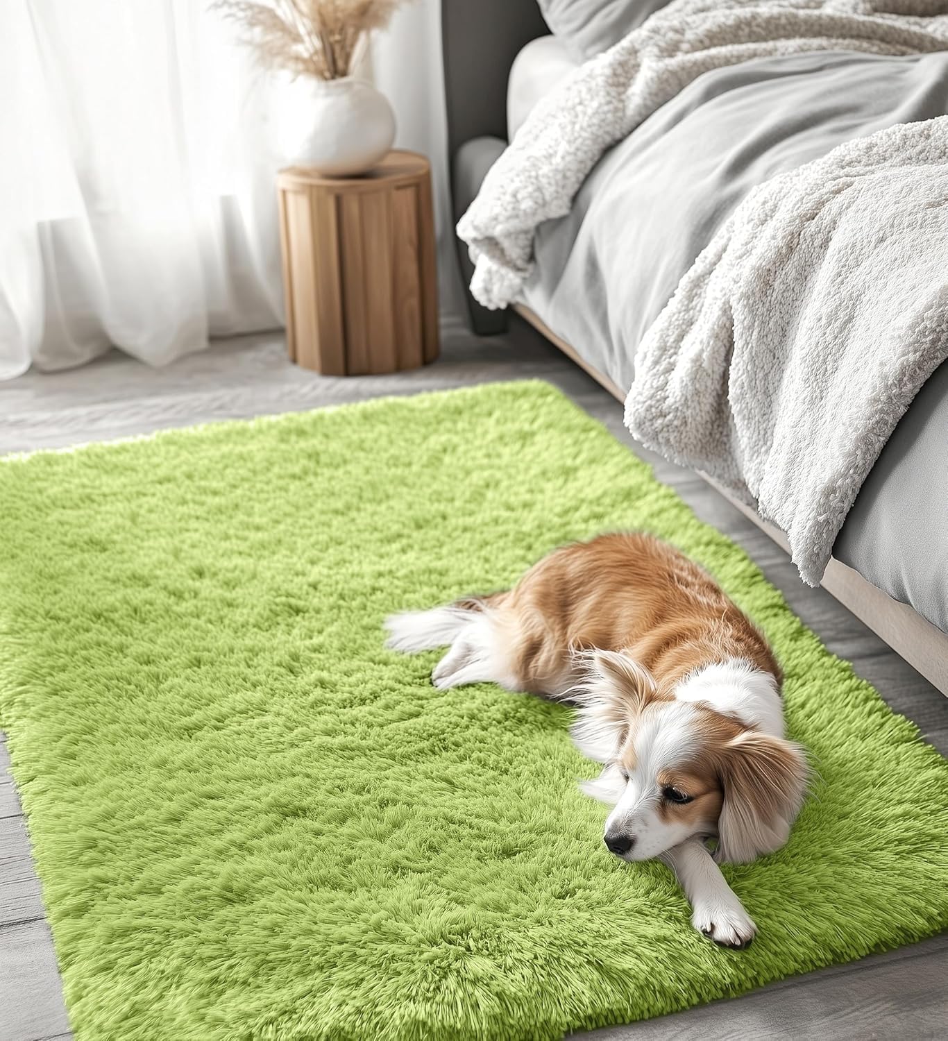 OLANLY Soft Fluffy Shaggy Bedside Rug - Machine Washable 2x3 for Bedroom & Nursery | Grass Green