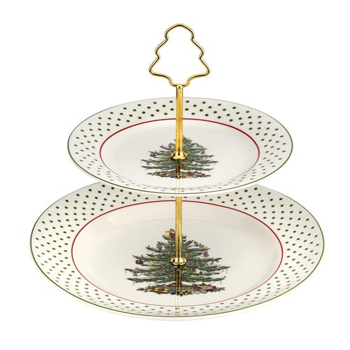 Spode Christmas Tree 2-Tiered Server (8" & 10") - Polka Dot Tiered Tray for Serving Food, Cake, Desserts, Holiday Treats, Festive Tableware with Gold Handle, Durable Stoneware - Dishwasher Safe