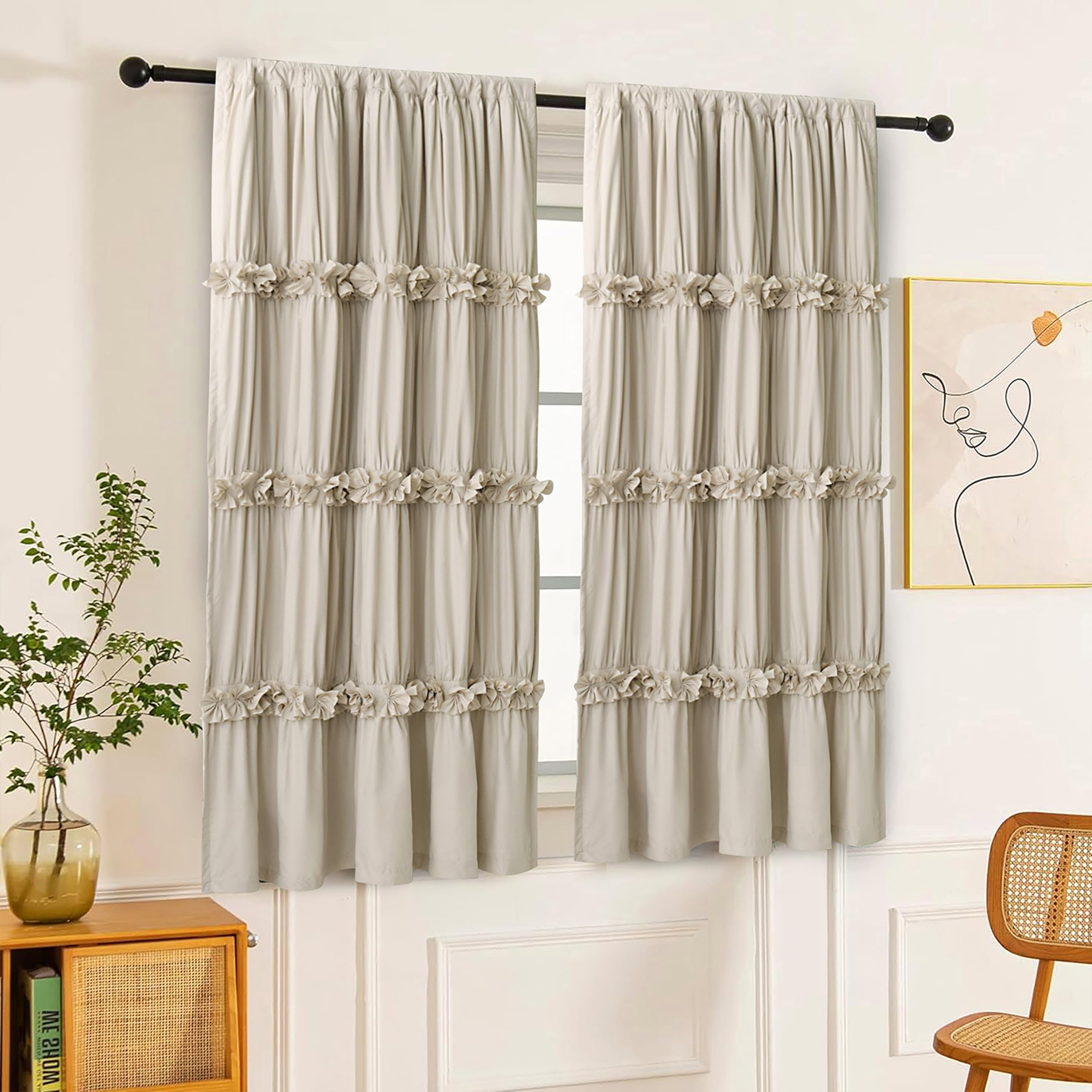 Homechoice Decor Thermal Insulated Blackout Window Curtains, 42" W x 63" L (Pair), Boho Ruched Window Treatments with 3 Rows of Butterfly Flowers, Rustic Rod Pocket Drapes for Room, Camel (LQ-30)