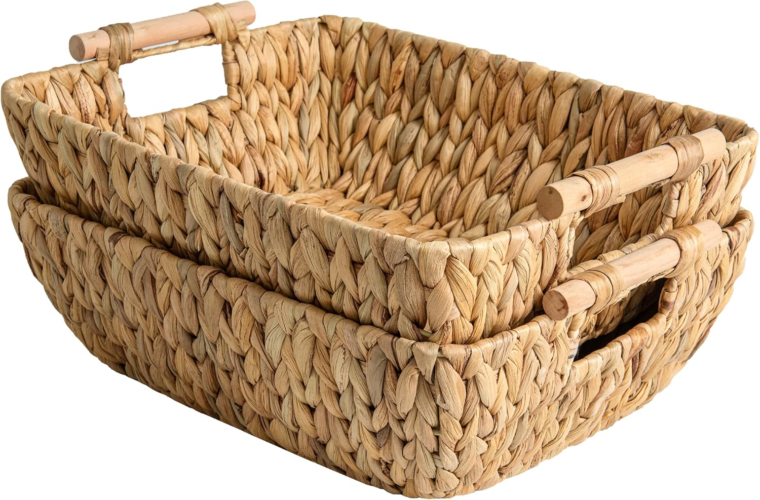 StorageWorks Hand-Woven Storage Baskets - Stylish Water Hyacinth Organizers with Wooden Handles | 2 Pack