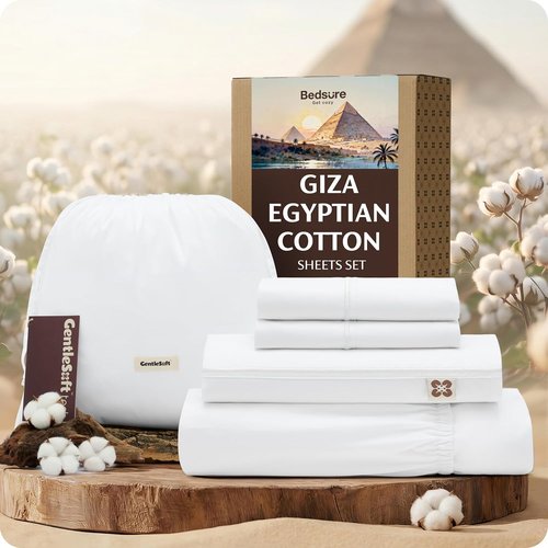 Bedsure 100% Giza Egyptian Cotton King Size Sheets - Silky Luxury Hotel Quality, 18-Inch Deep Pocket, White