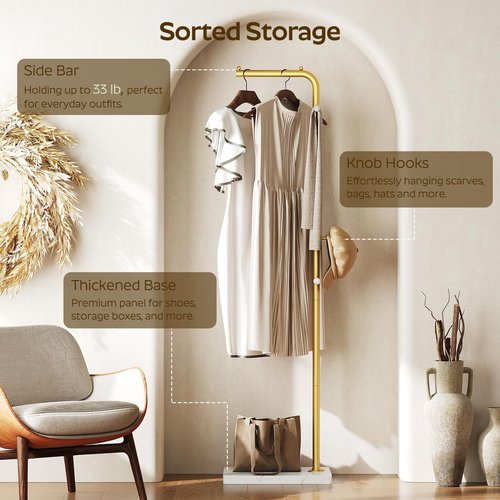 YATINEY L Shaped Glod Coat Rack, Metal Coat Tree, Modern Clothes Rack with 3 Hooks and Thickened Base, Floor Standing Coat Hanger Stand, for Entryway, Living Room, Cloakroom, Gold and White YM01DWY1